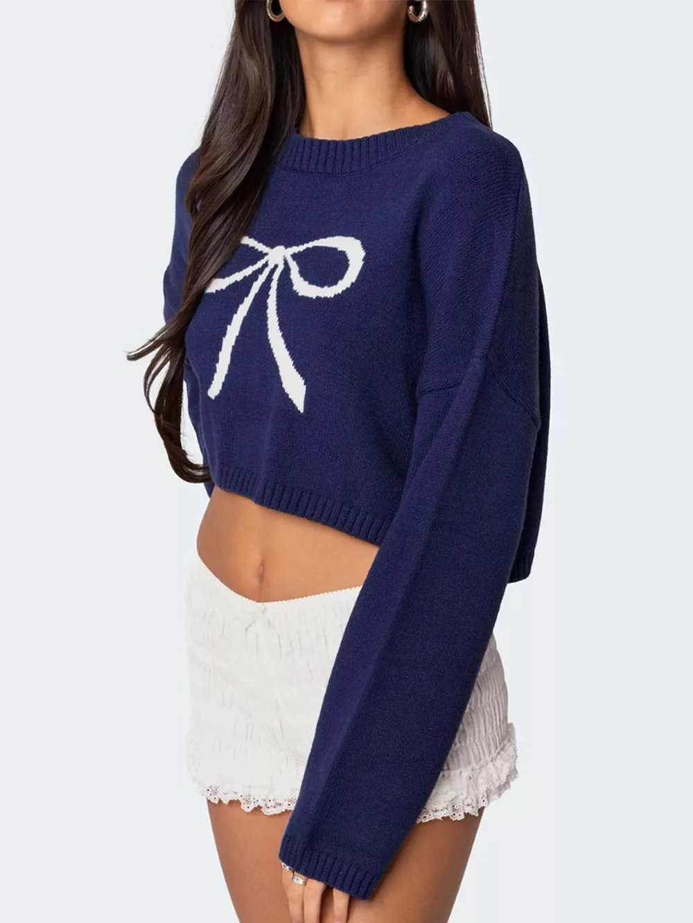 Bow Round Neck Cropped Sweater, image 5