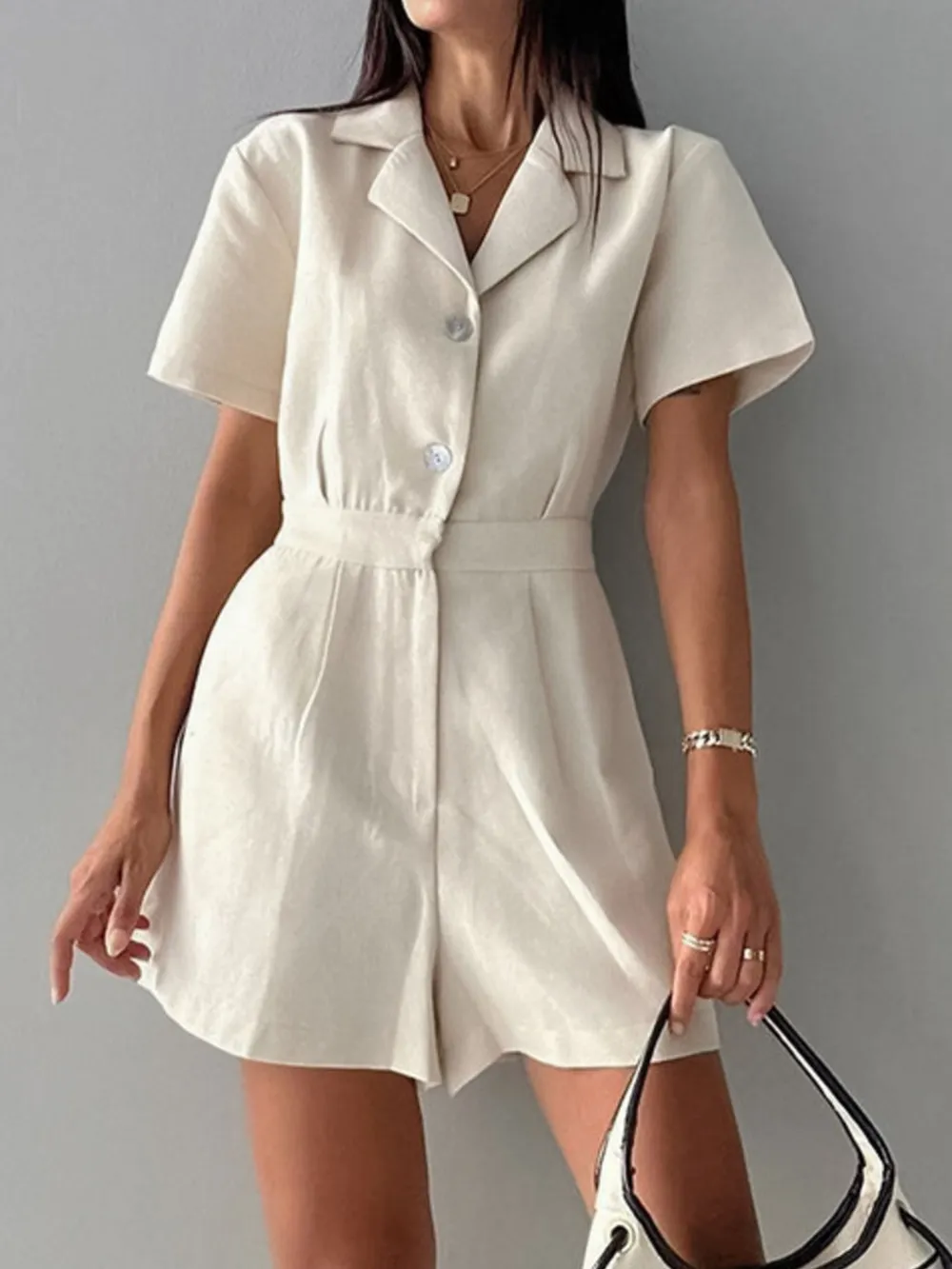 Button-Front Short Sleeve Romper, image 2