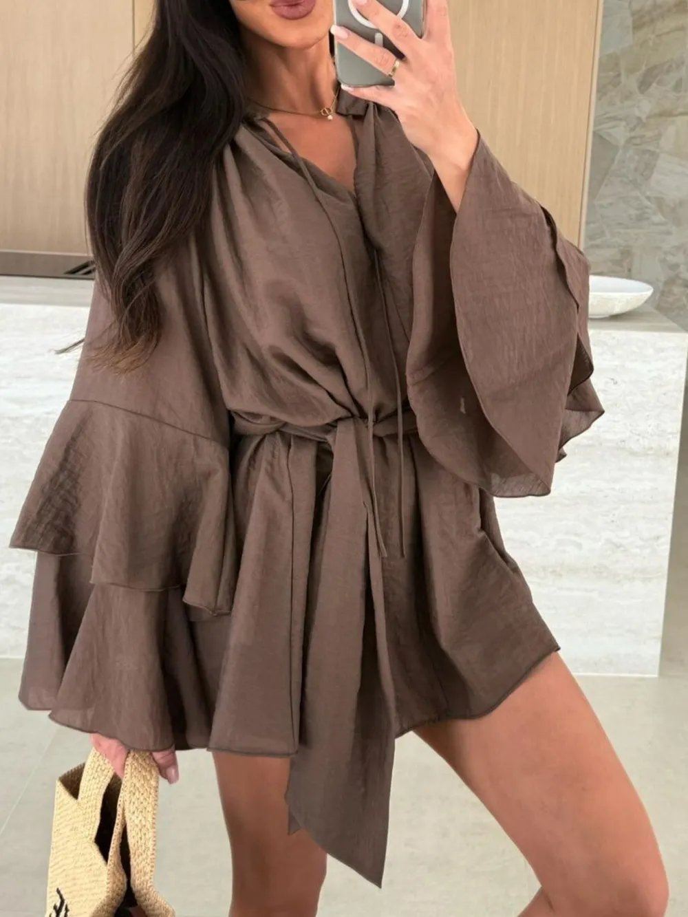 Bell Sleeve Tie Waist Mini Shirt Dress, image 6