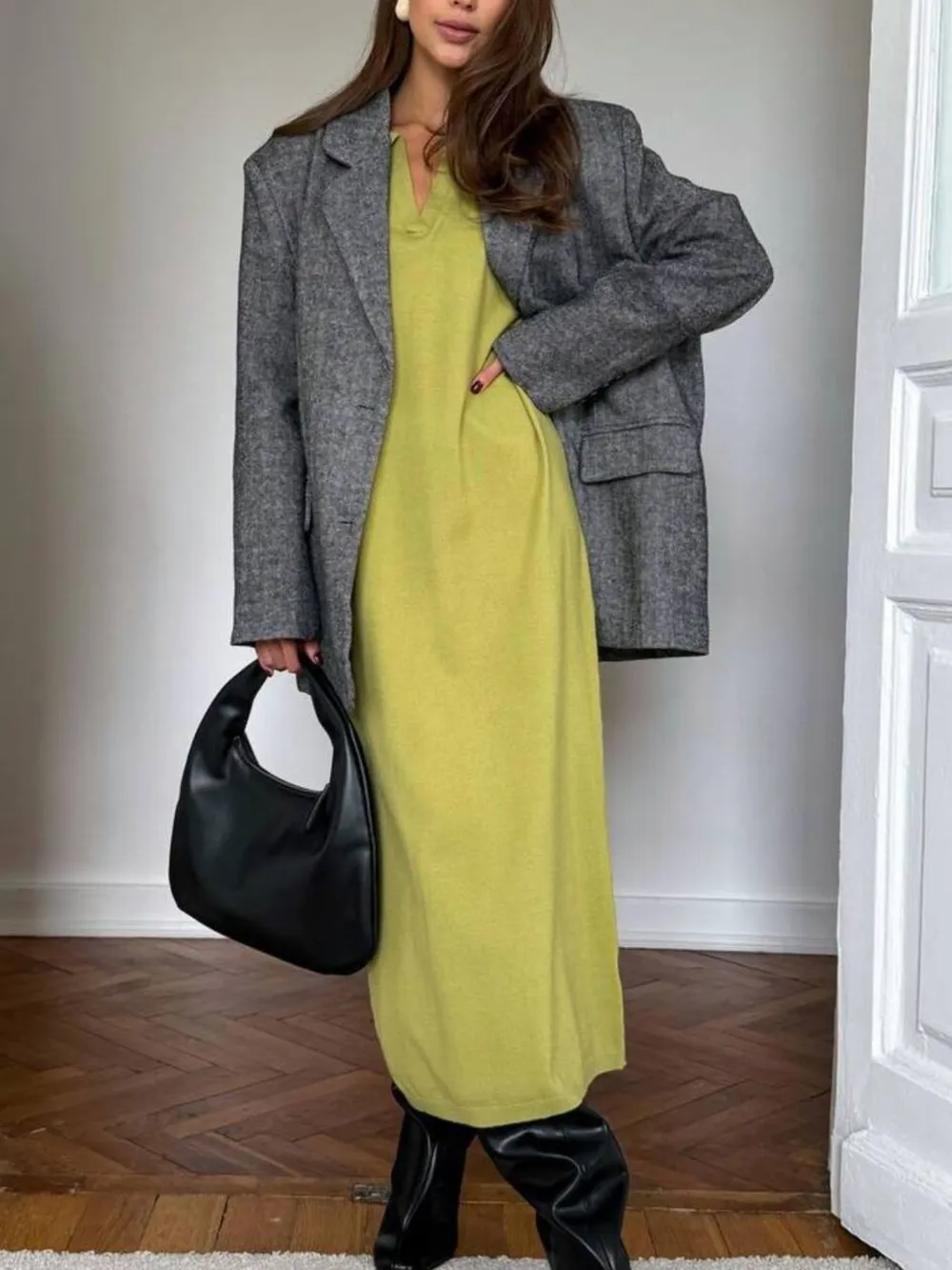Long Sleeve Collared Neck Knit Dress, image 3