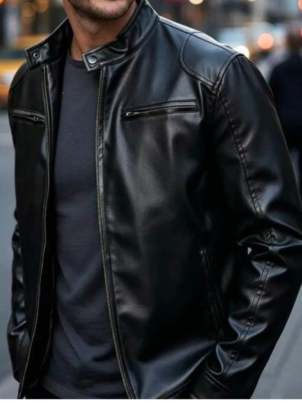 Men's Full Size Faux Leather Bomber Jacket with Zipper Pockets Plus Size, image 2