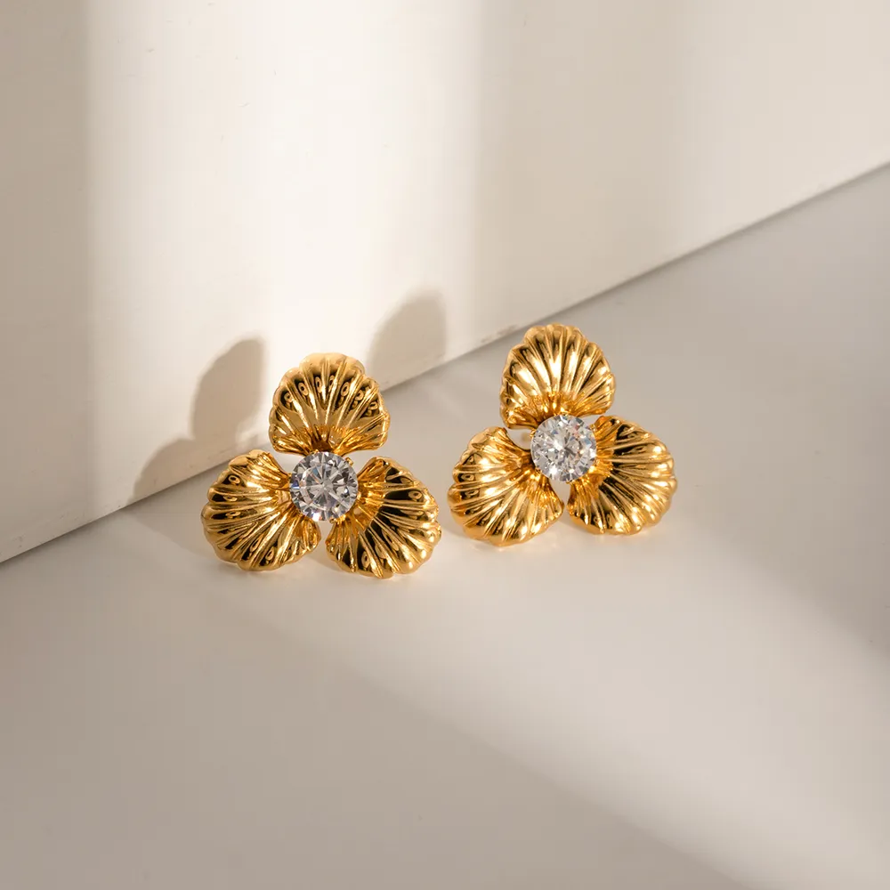 Stainless Steel Zircon Flower Shape Earrings, image 2