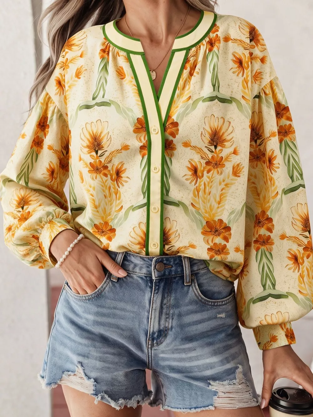Floral Print V Neck Long Sleeve Shirt, image 3
