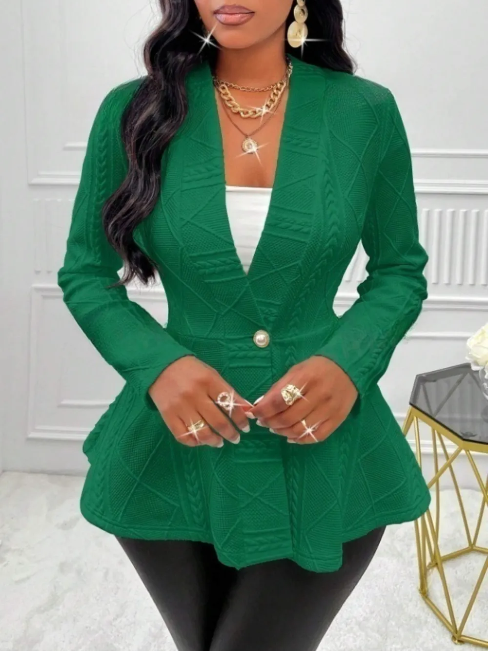 One Button Textured Peplum Cardigan, image 7