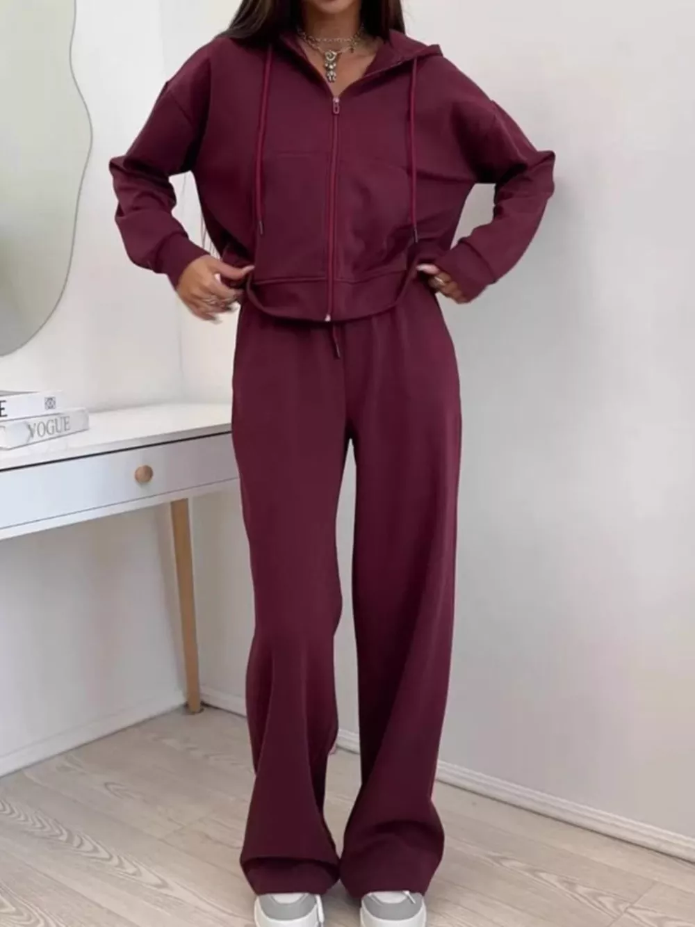 Zip-Up Hoodie and Wide-Leg Pants Set, image 7
