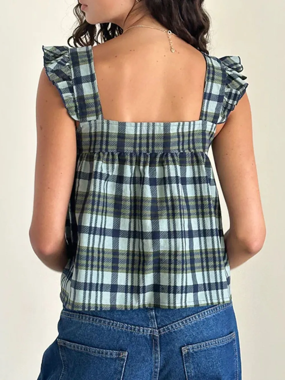 Ruffled Plaid Square Neck Tank, image 2