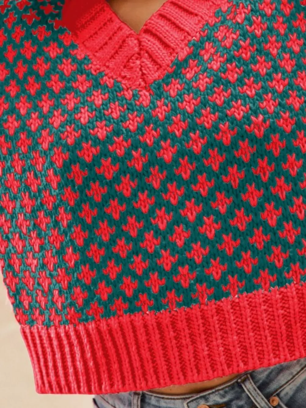 Color Block Textured Christmas Sweater V Neck Top, image 3