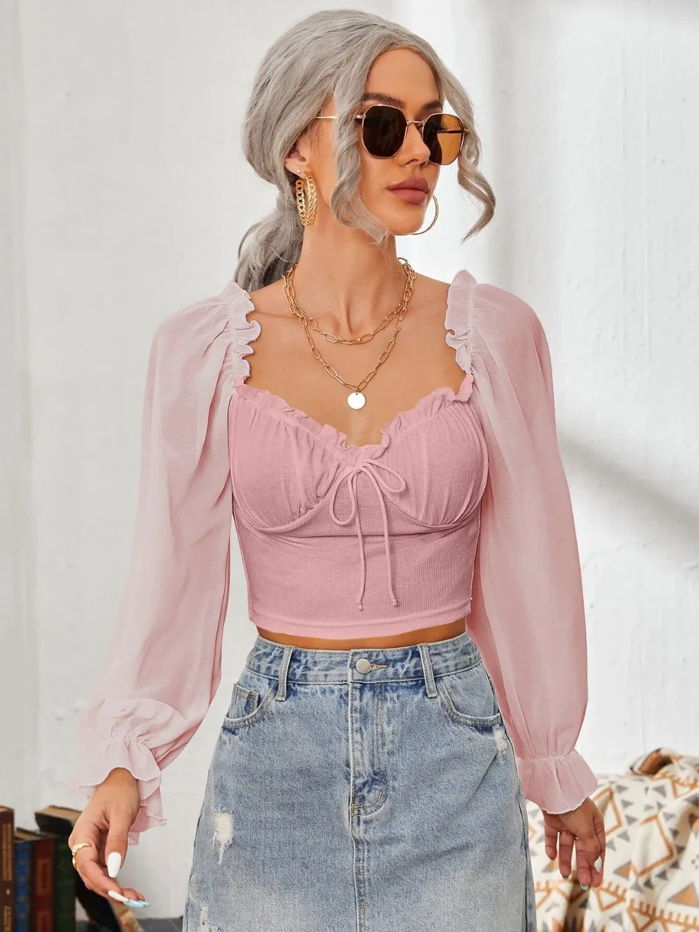 Mesh Sweetheart Neck Flounce Sleeve Top, image 14