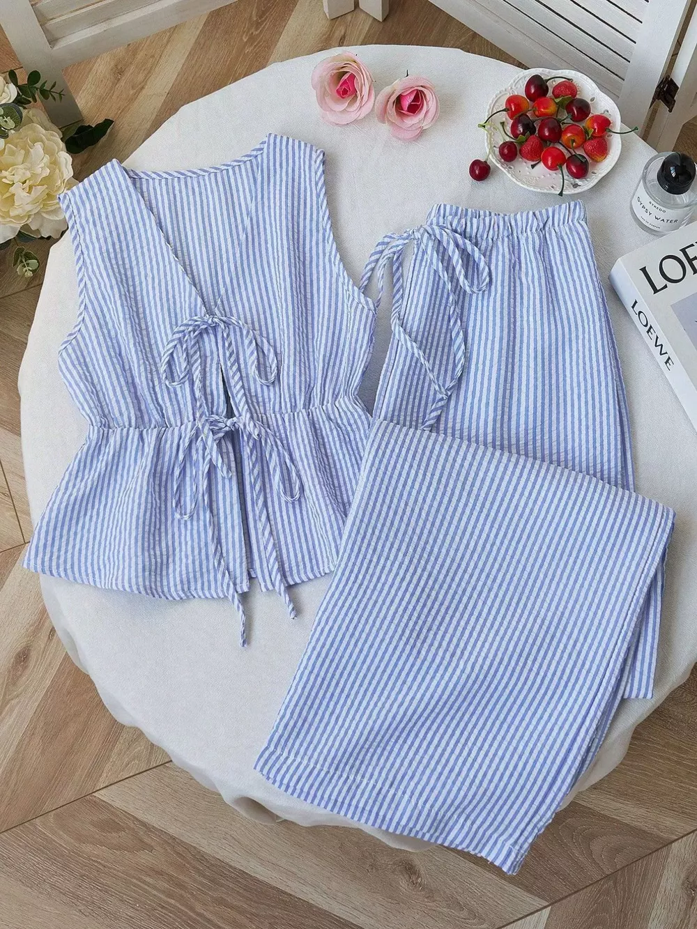 Striped Tie-Front Sleeveless Top and Pants Set, image 6