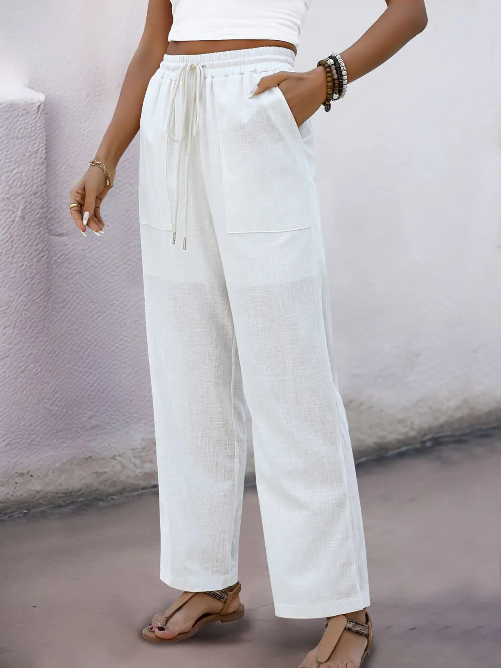 Drawstring Wide Straight Pants, image 2