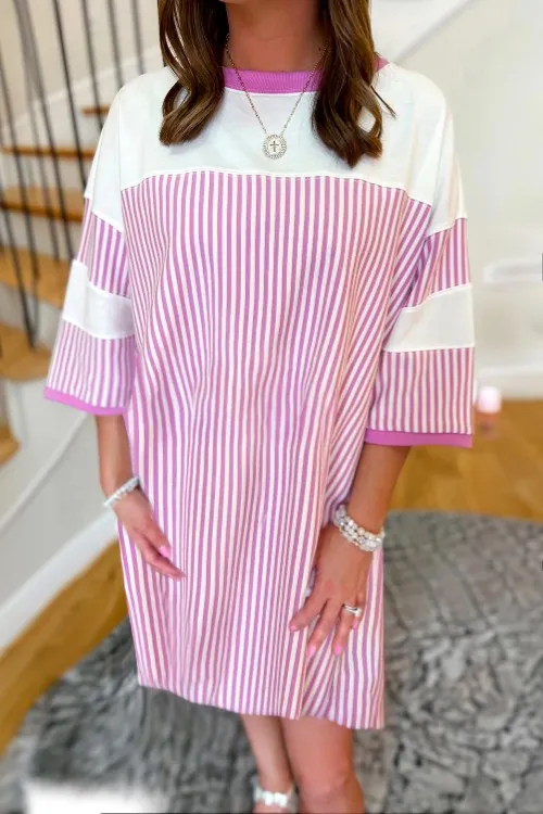 Striped Round Neck Three-Quarter Sleeve Mini Dress, image 5