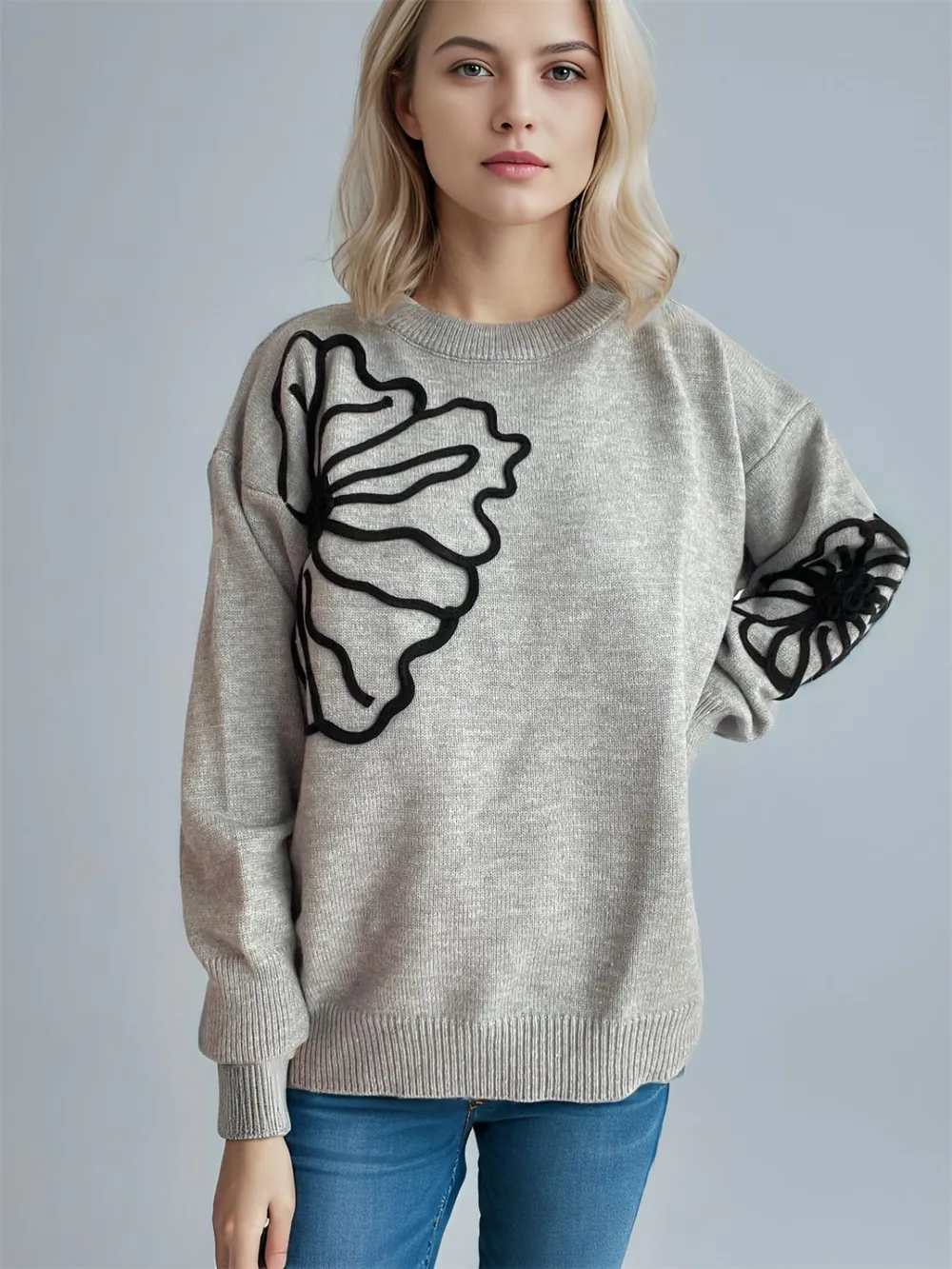 Flower Round Neck Long Sleeve Sweater, image 4