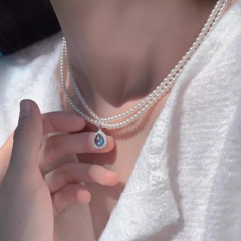 Double Layered Pearl Necklace with Teardrop Pendant, image 5