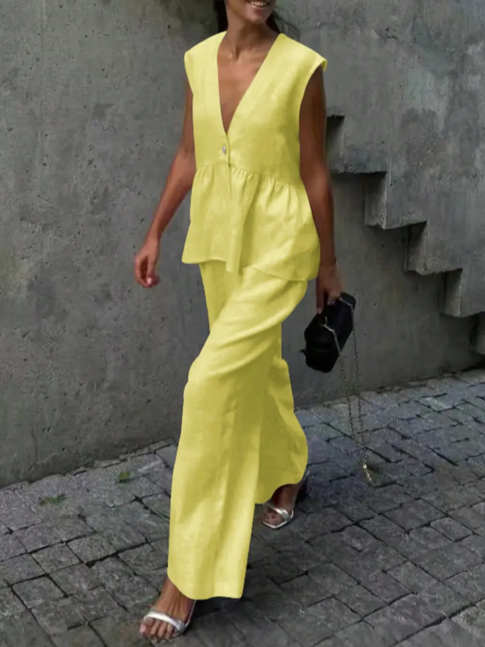 Button Down Peplum Vest and Pants Set, image 3
