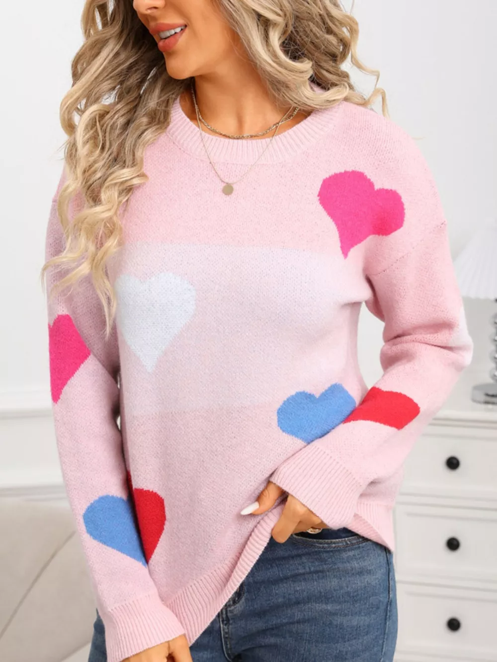 Valentine's Day Heart Round Neck Dropped Shoulder Sweater, image 6