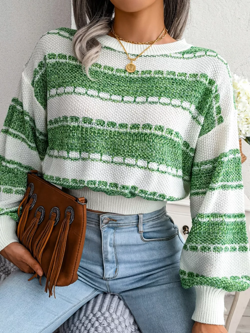 Color Block Round Neck Cropped Sweater, image 15