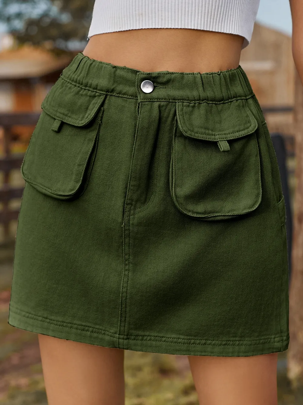 Pocketed Elastic Waist Denim Skirt, image 5