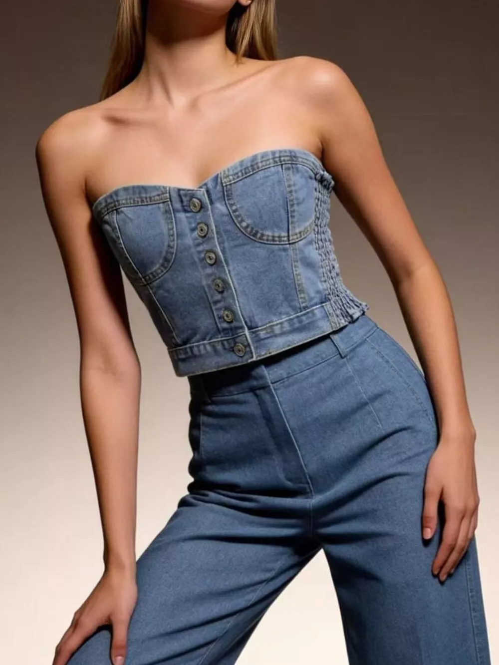 Button-Front Denim Tube Top, image 2
