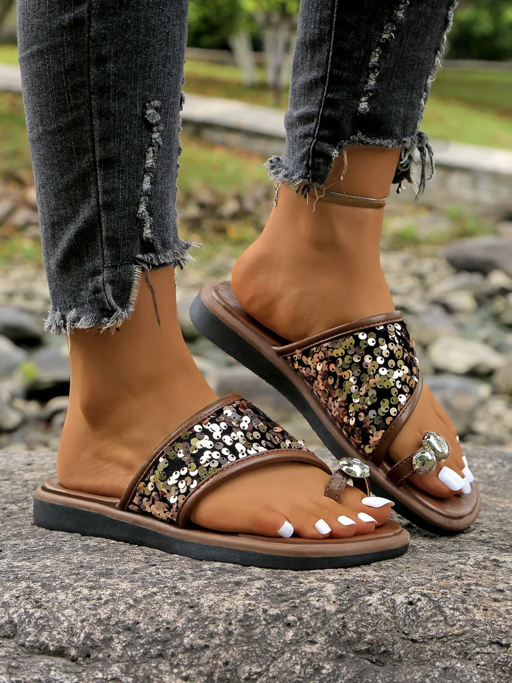 Sequin Toe Loop Flats Sandals, image 8