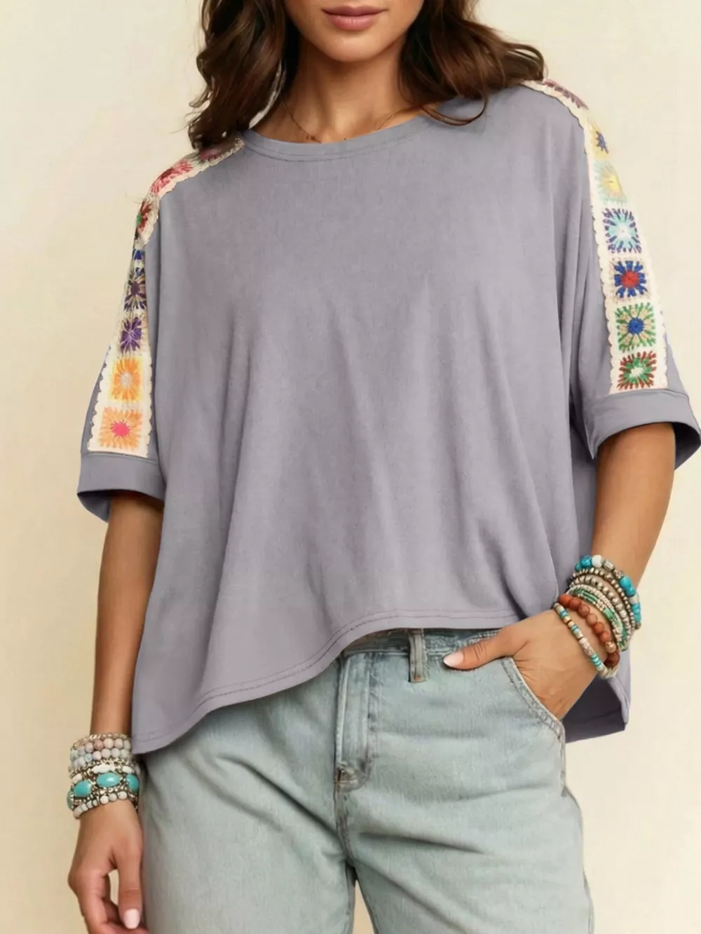 Square Crochet Detail Loose T Shirt