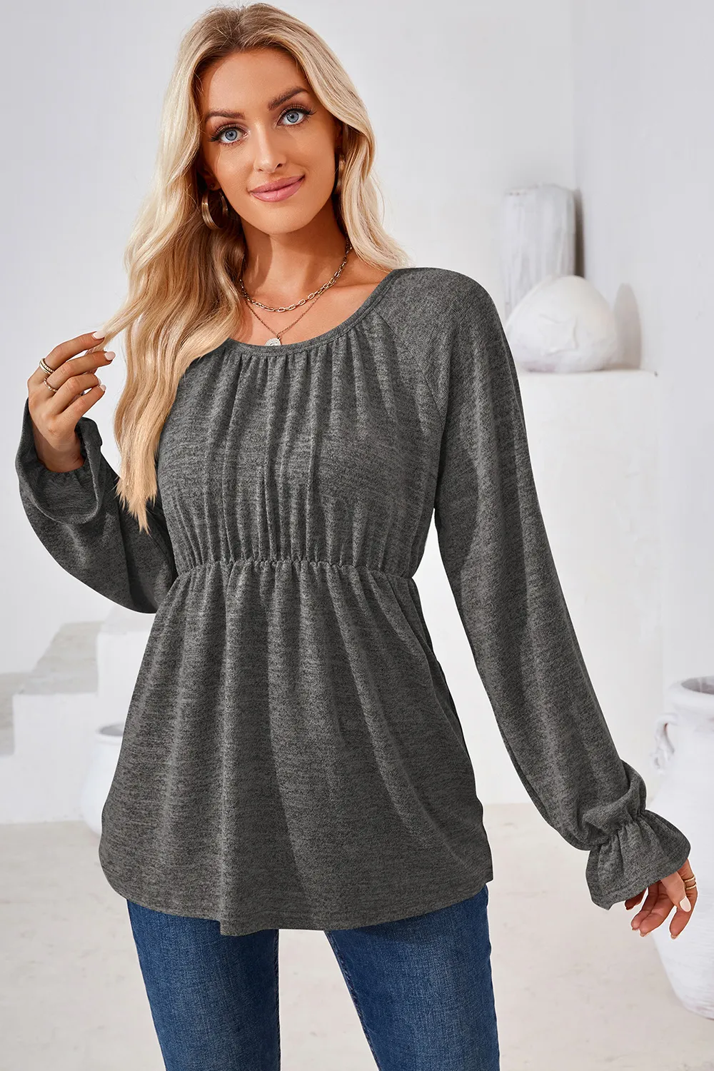 Ruched Round Neck Flounce Sleeve Blouse, image 23
