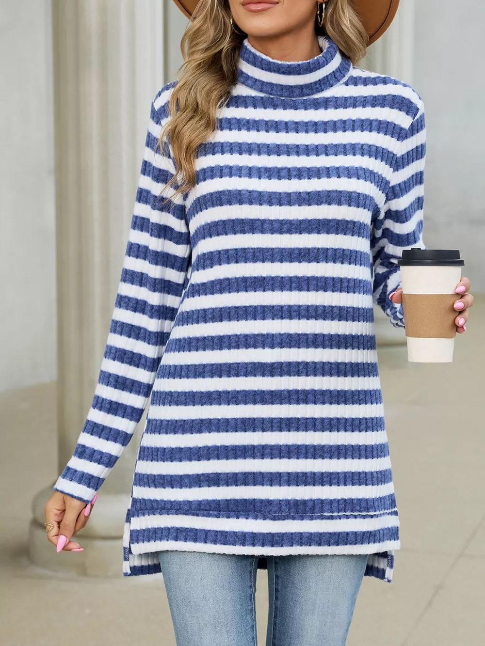 Striped Ribbed Knit Turtleneck Long Sleeve T-Shirt, image 9