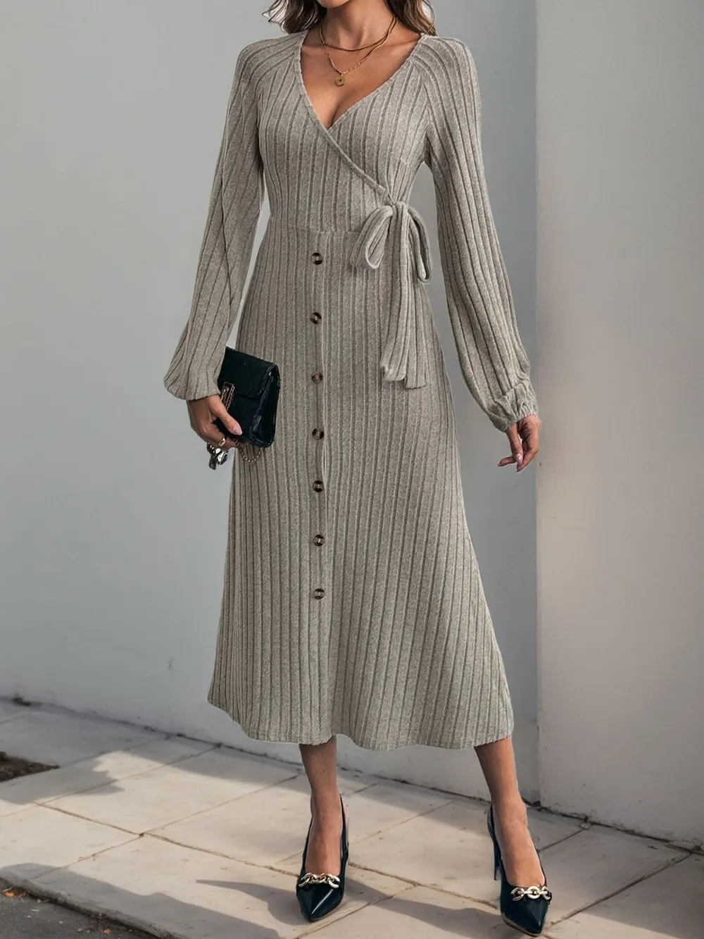 Ribbed Tied Surplice Long Sleeve Dress, image 3