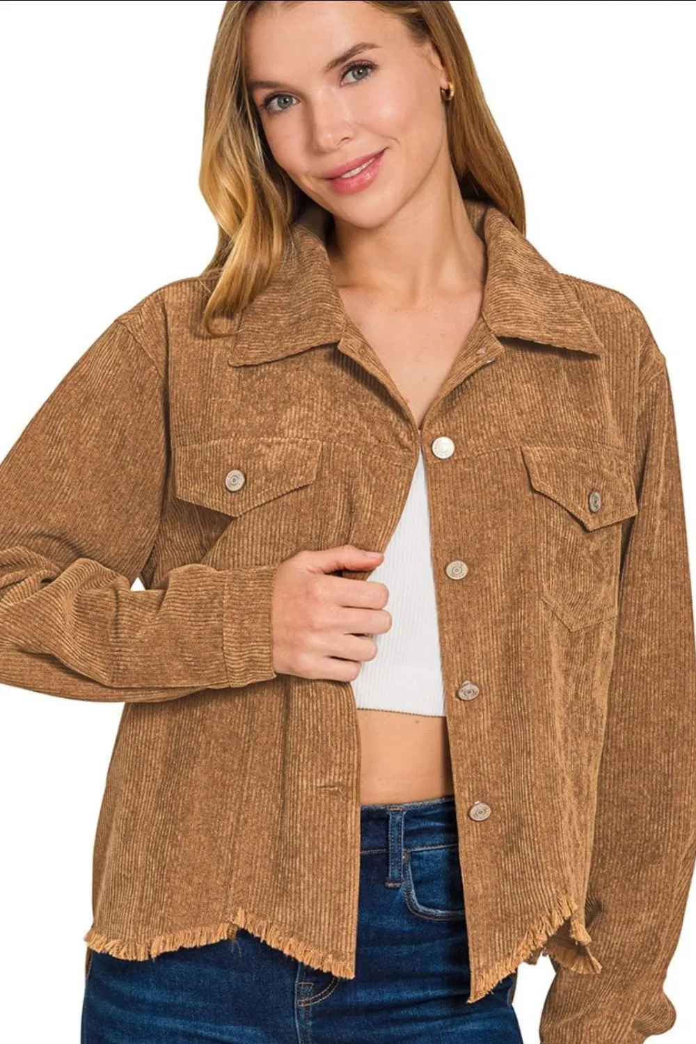 Distressed Corduroy Frayed Hem Cropped Jacket, image 2