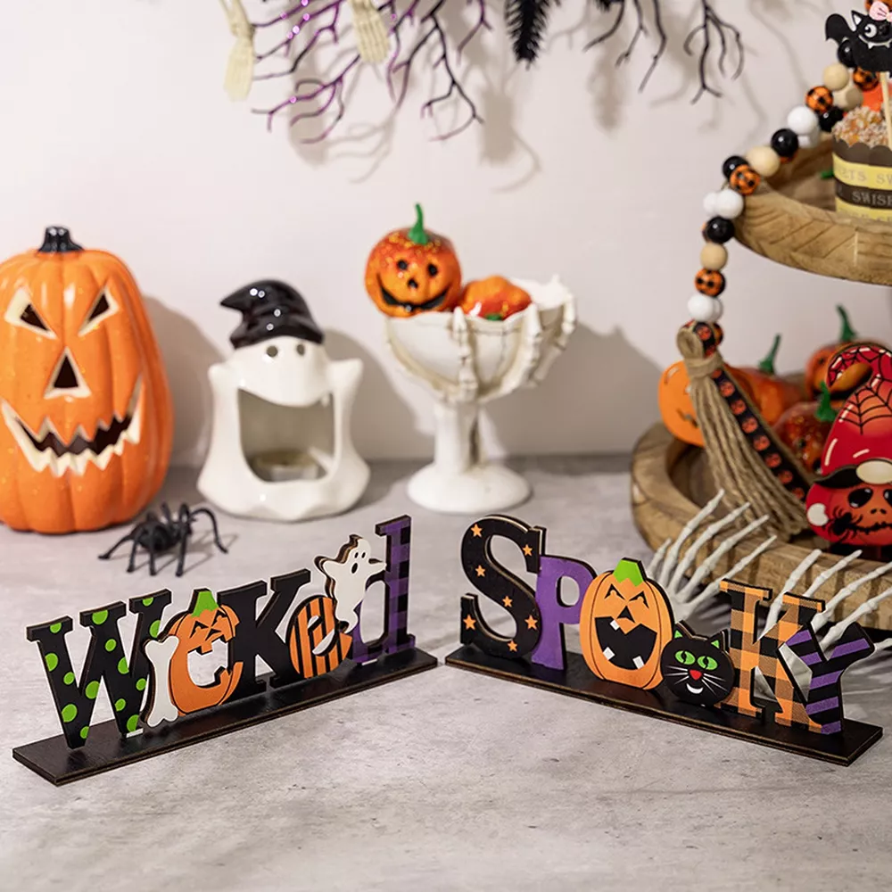 Halloween Decorative Object Set with Wicked and Spooky Wooden Signs, image 3