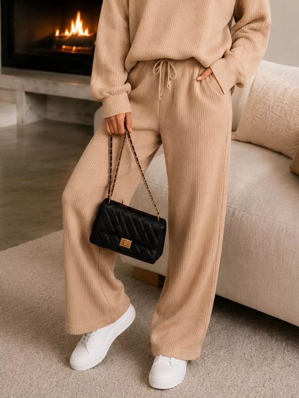 Ribbed Knit Quarter-Zip Top and Wide-Leg Pants Set, image 17