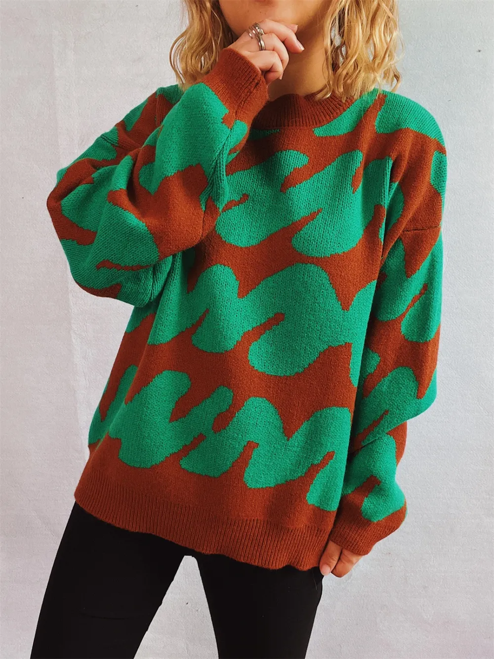 Contrast Round Neck Long Sleeve Sweater, image 12