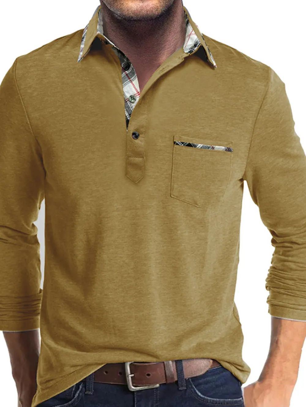Men's Full Size Plaid Collar Neck Long Sleeve Polo Shirt Plus Size, image 11
