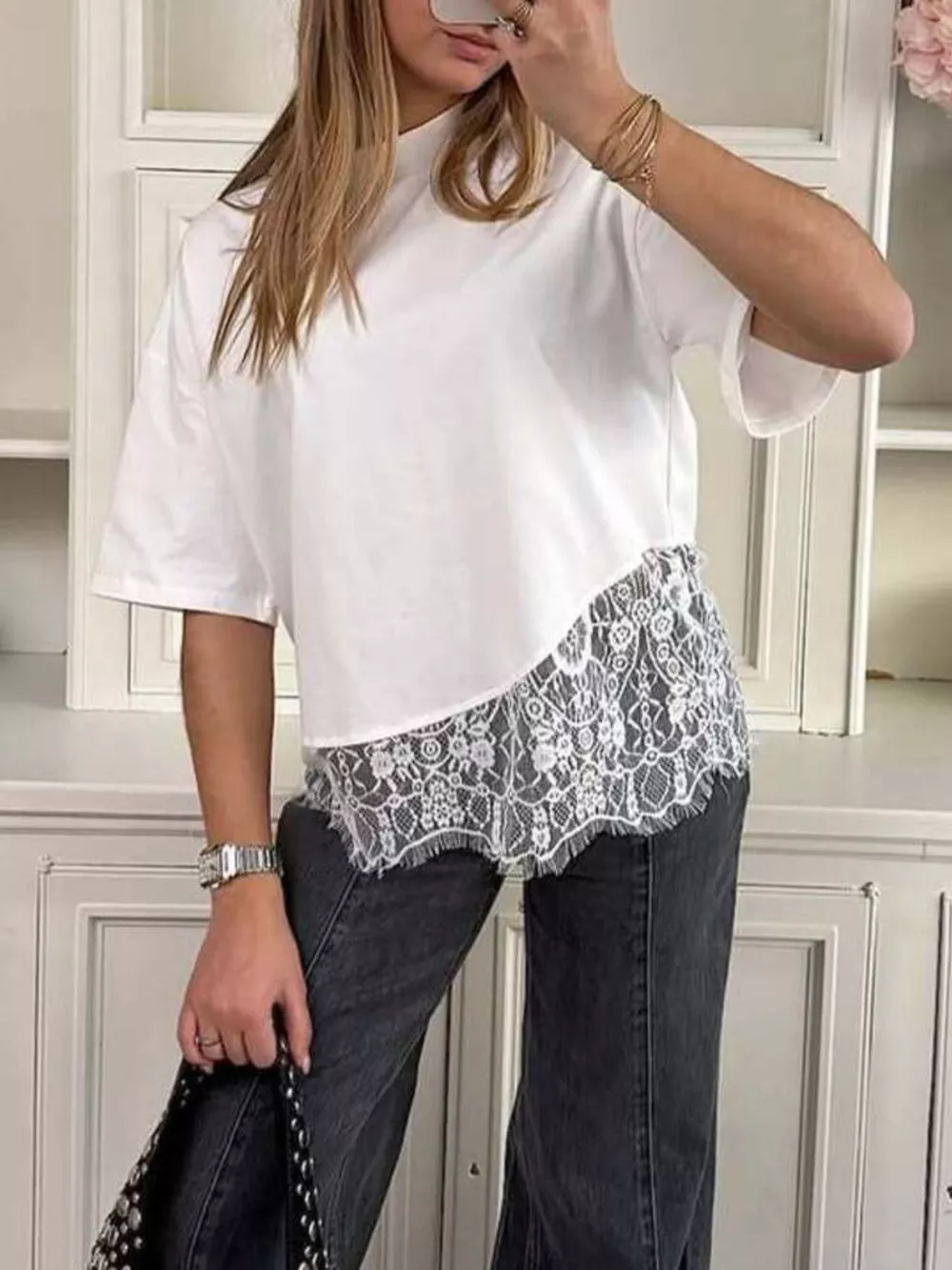Lace Hem Short Sleeve Top, image 2