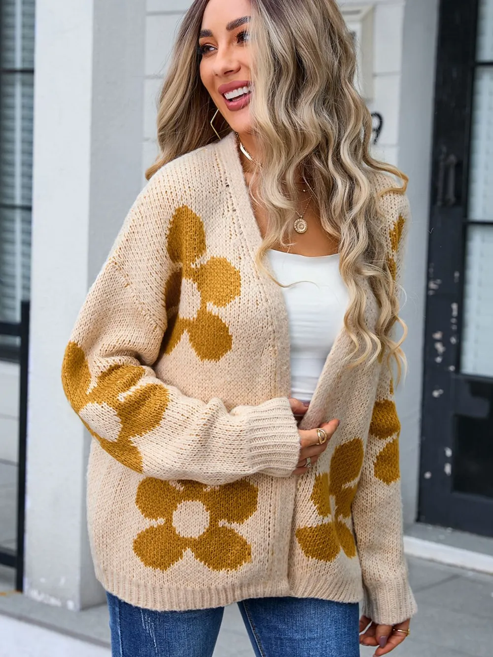 Flower Open Front Long Sleeve Cardigan, image 4
