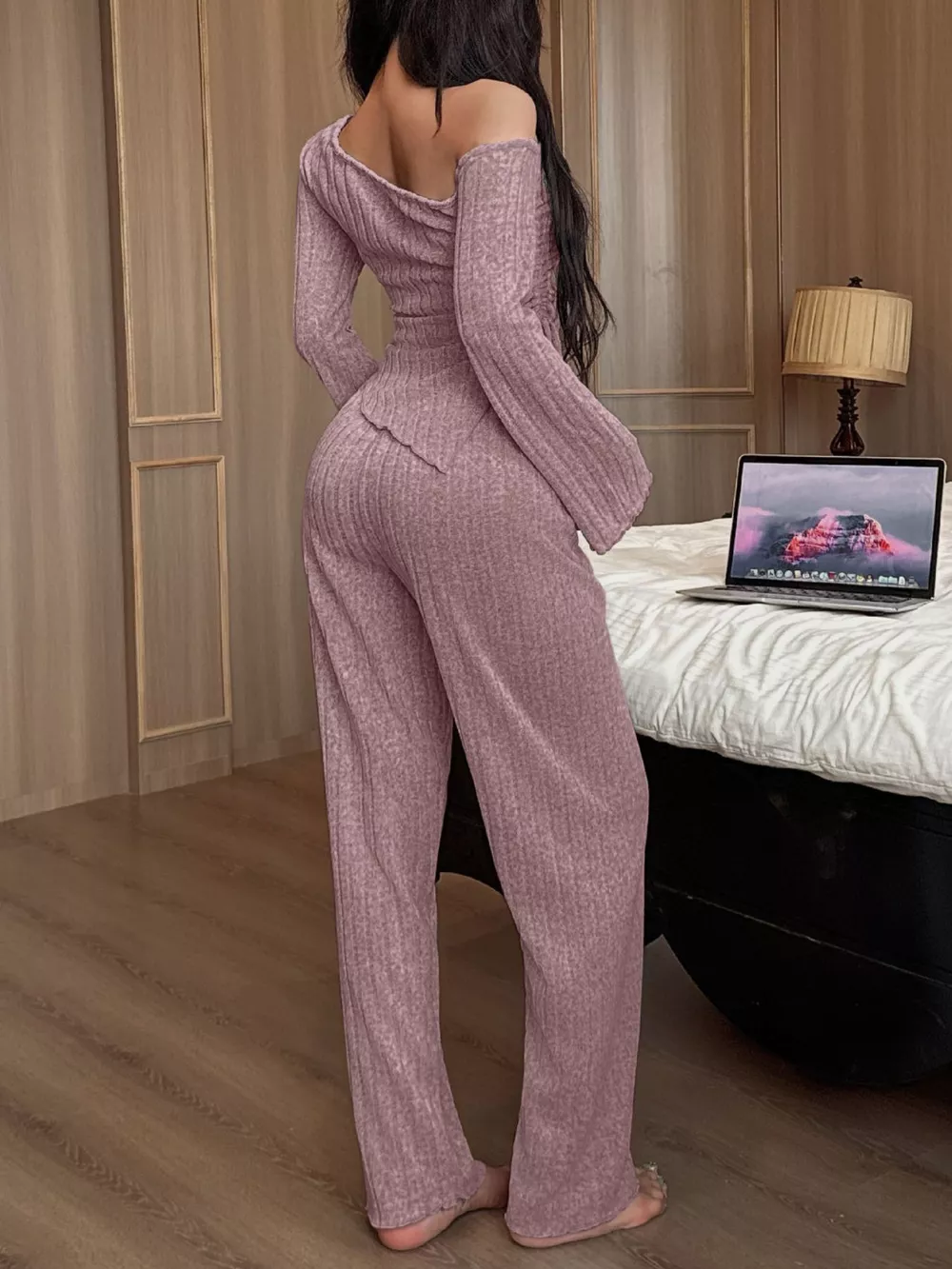 One-Shoulder Ribbed Knit Top and Pants Set, image 5