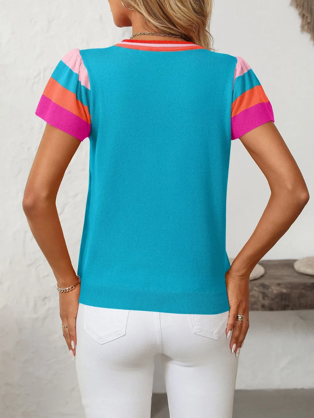 Contrast Round Neck Short Sleeve Knit Top, image 11