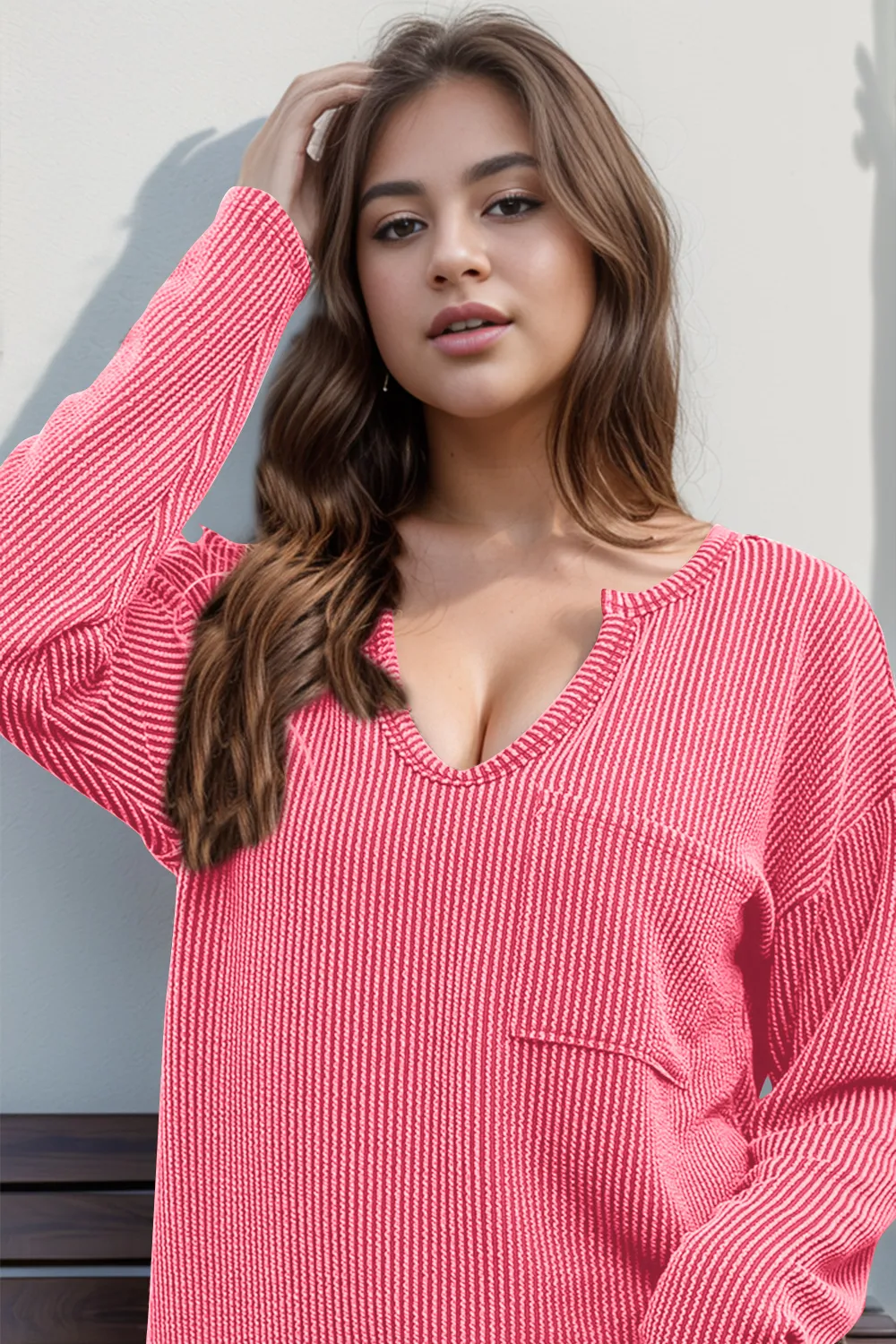 Striped Notched Long Sleeve T-Shirt, image 2