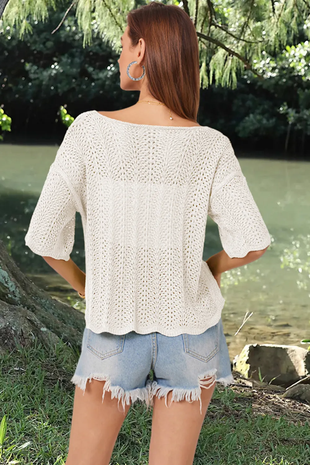 Openwork Round Neck Half Sleeve Knit Top, image 20