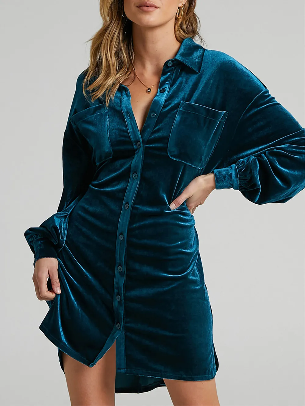 Collared Neck Button Down Long Sleeve Mini Dress, image 2