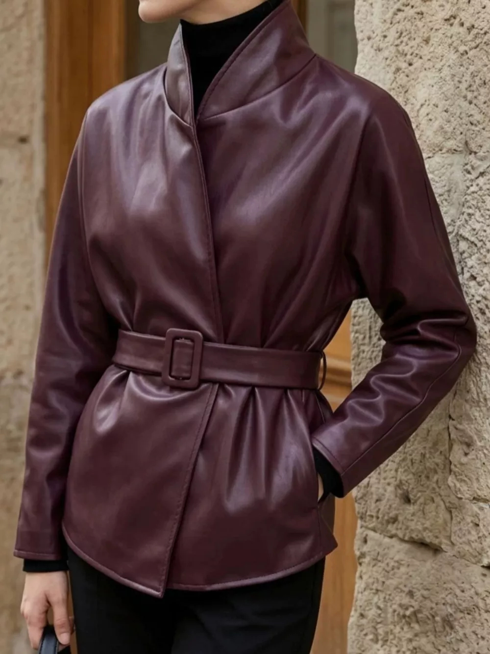 Faux Leather Belted Jacket, image 3