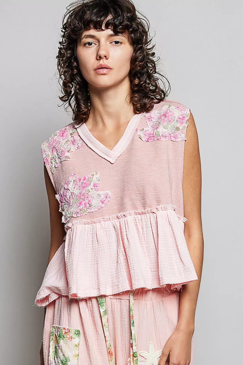 Floral Patch Ruffled Sleeveless Top with Raw Edge Detail