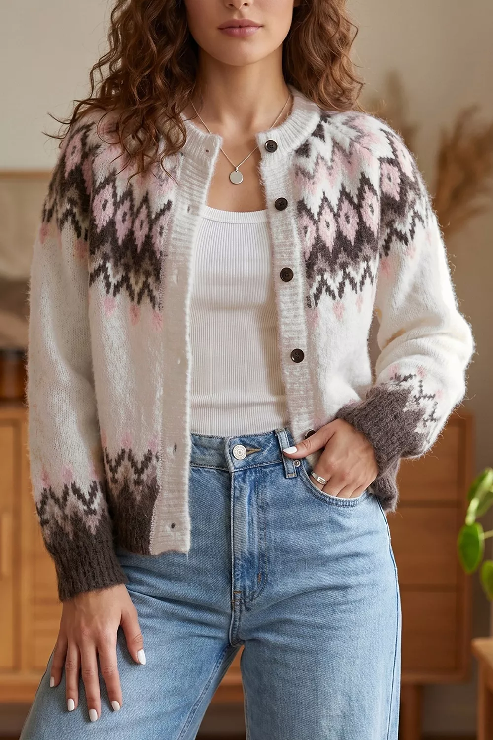 Geometric Pattern Brushed Knit Button Cardigan, image 6