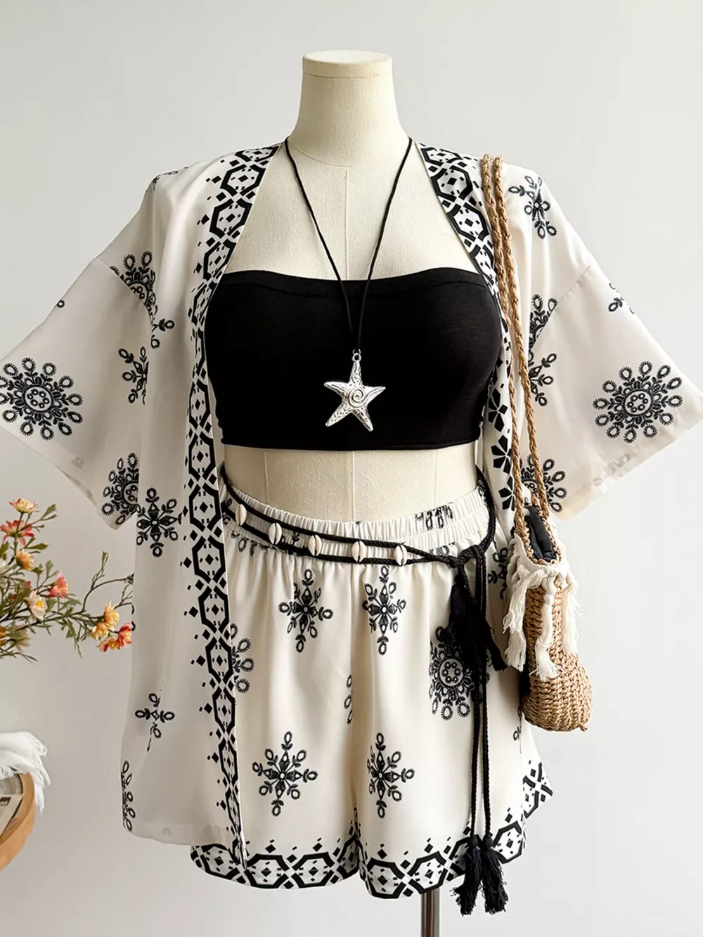 Plus Size Printed Open Front Cardigan and Shorts Set, image 4