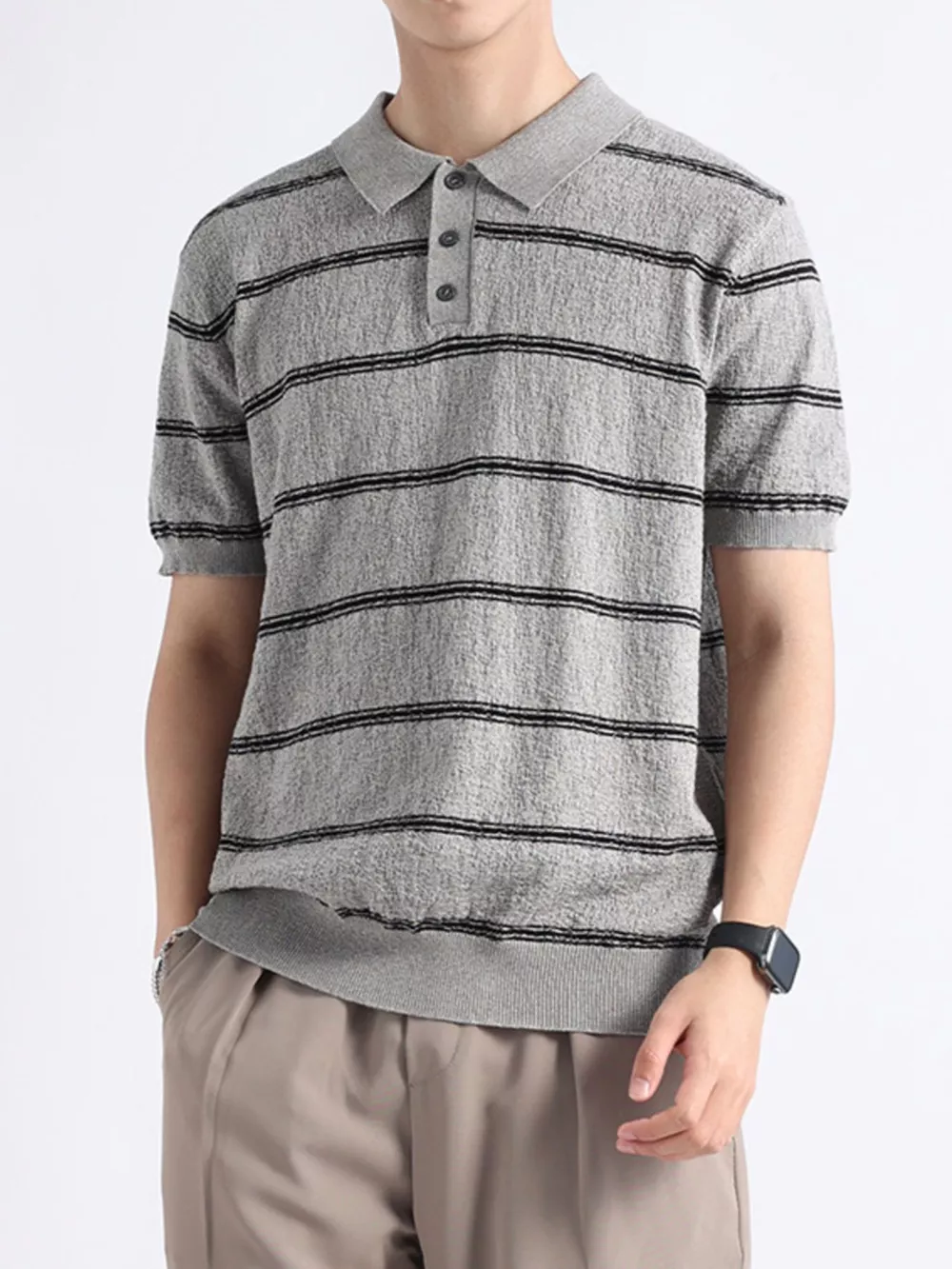 Men's Plus Size Striped Knit Button Detail Polo, image 6