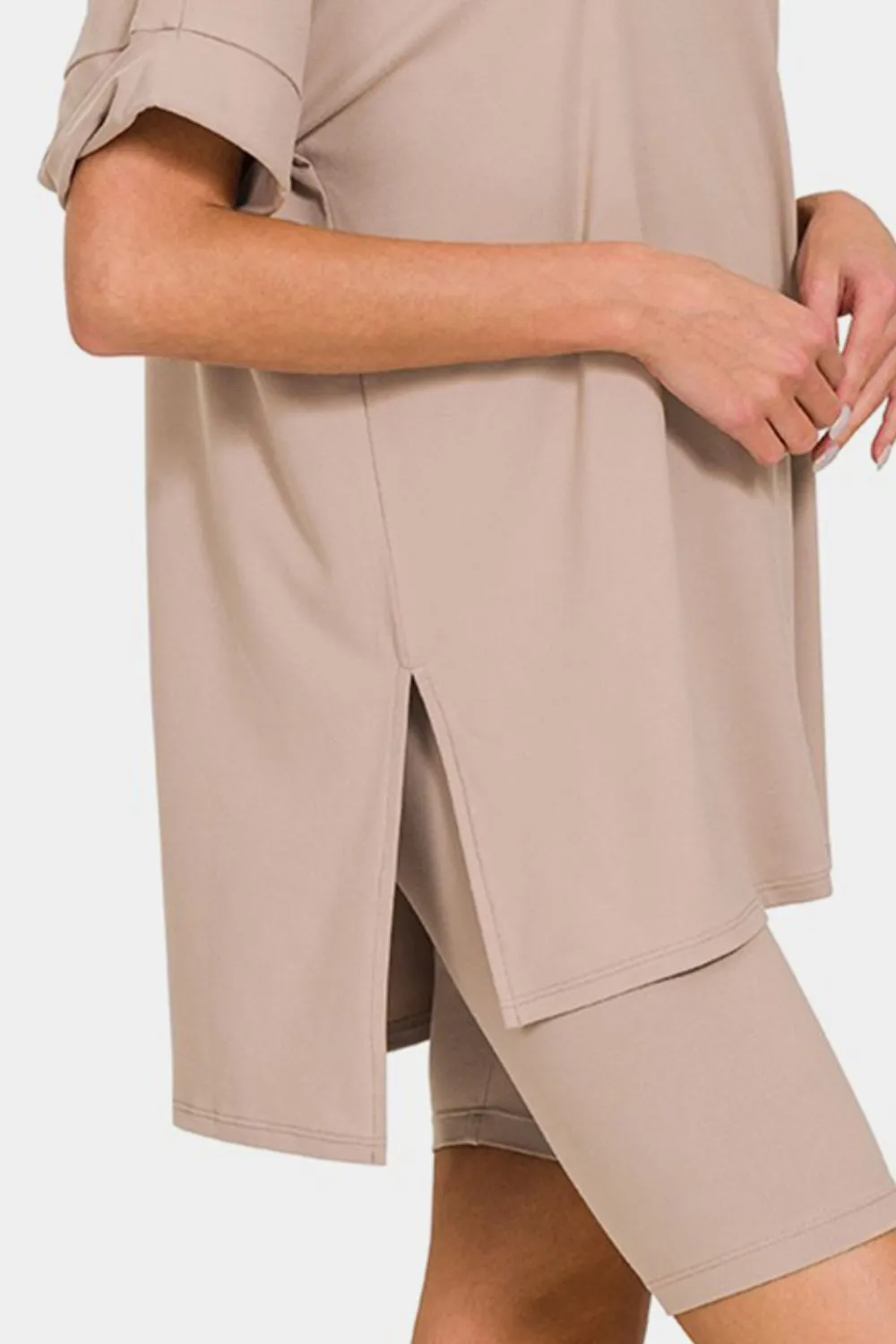 Full Size V-Neck Short Sleeve Slit T-Shirt and Shorts Set, image 2