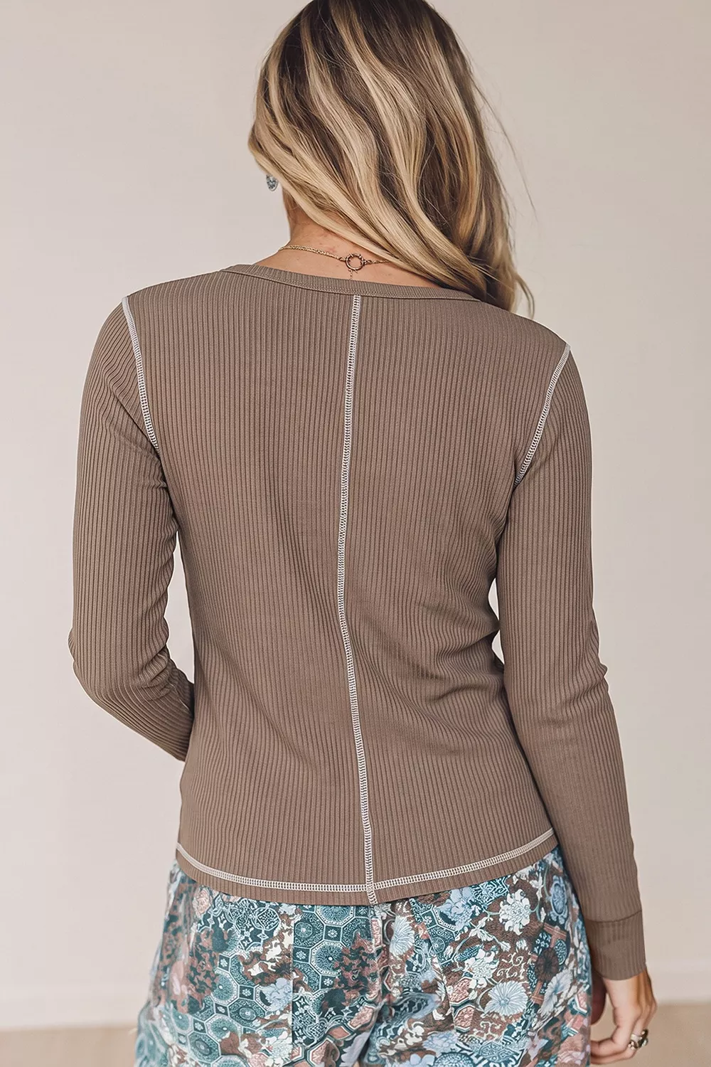 Ribbed Long Sleeve Top with Seam Detail, image 2