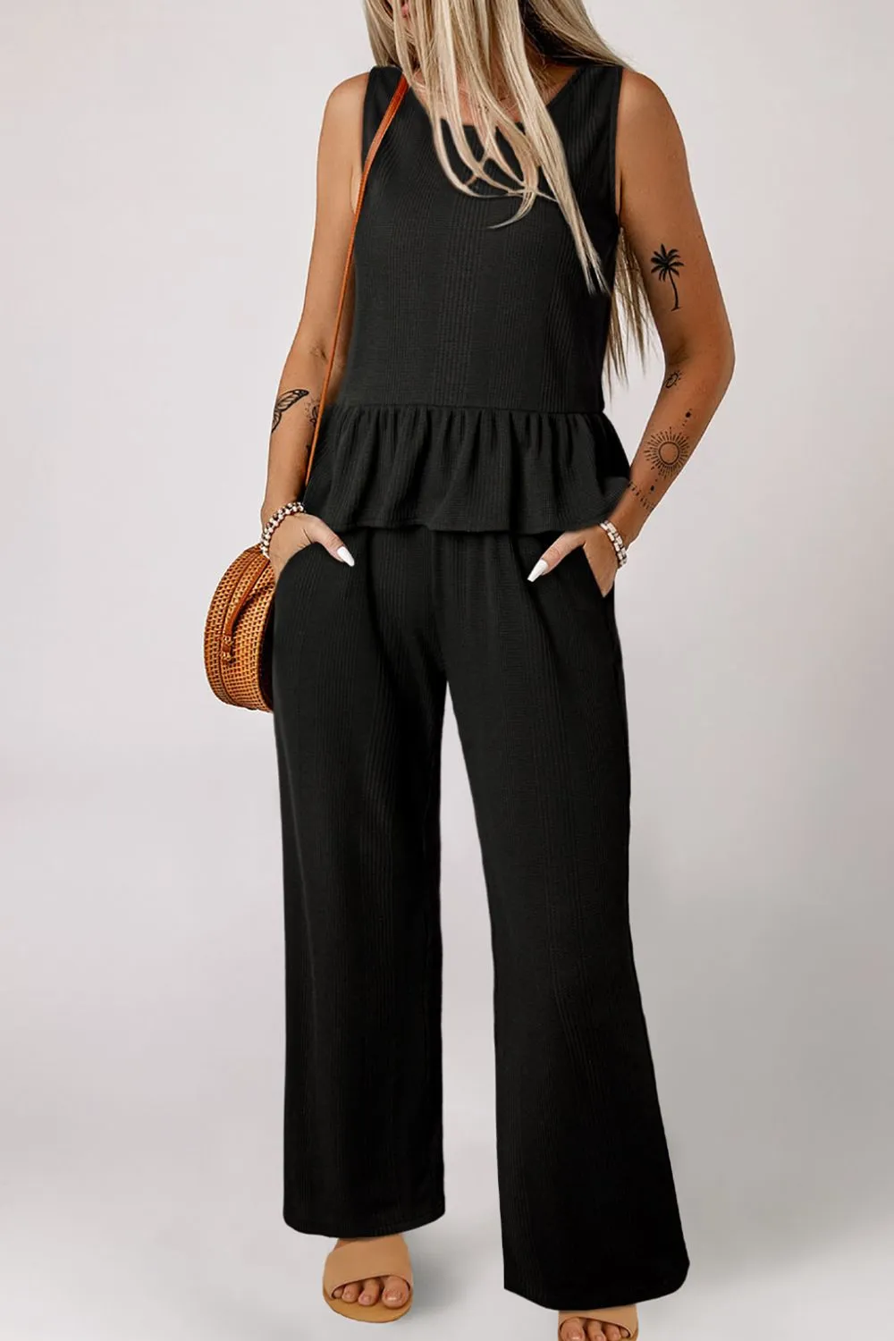 Color Ribbed Ruffle Tank Top and Pants Set, image 4