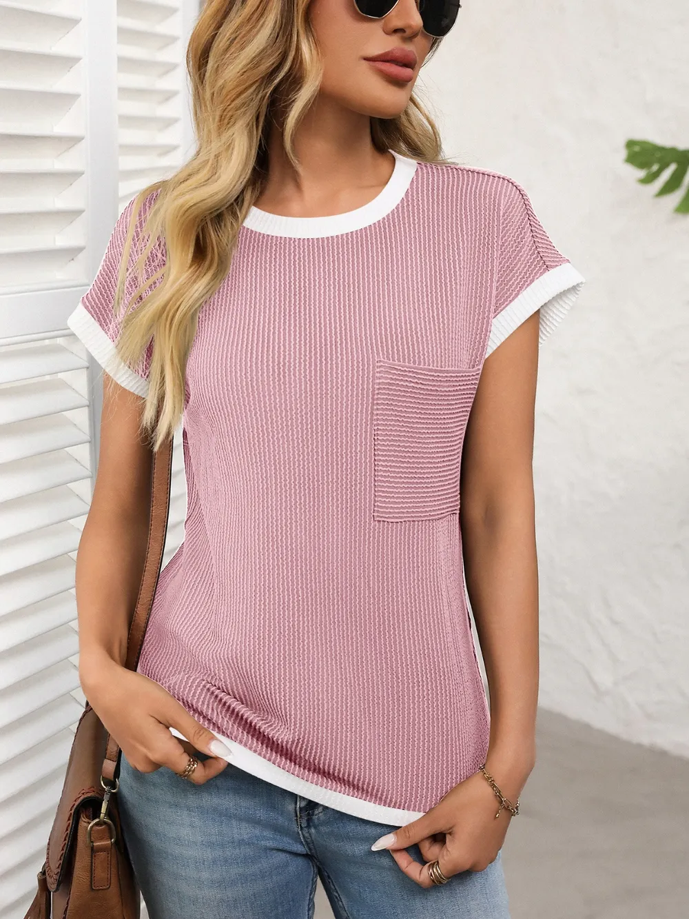Contrast Trim Round Neck Short Sleeve T-Shirt, image 12
