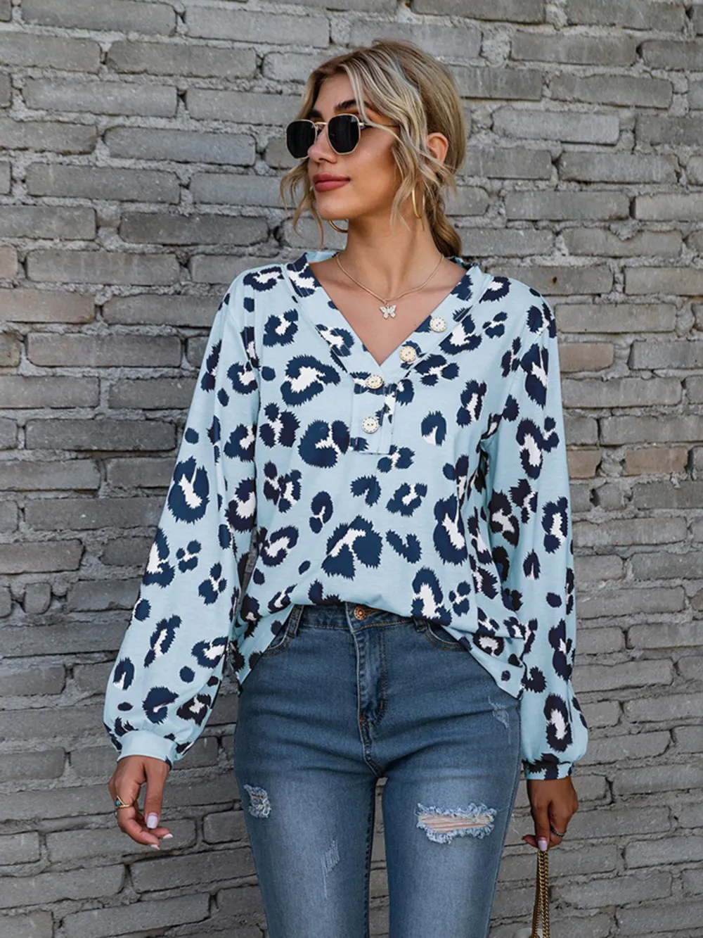 Leopard V-Neck Decorative Button Long Sleeve Blouse, image 5