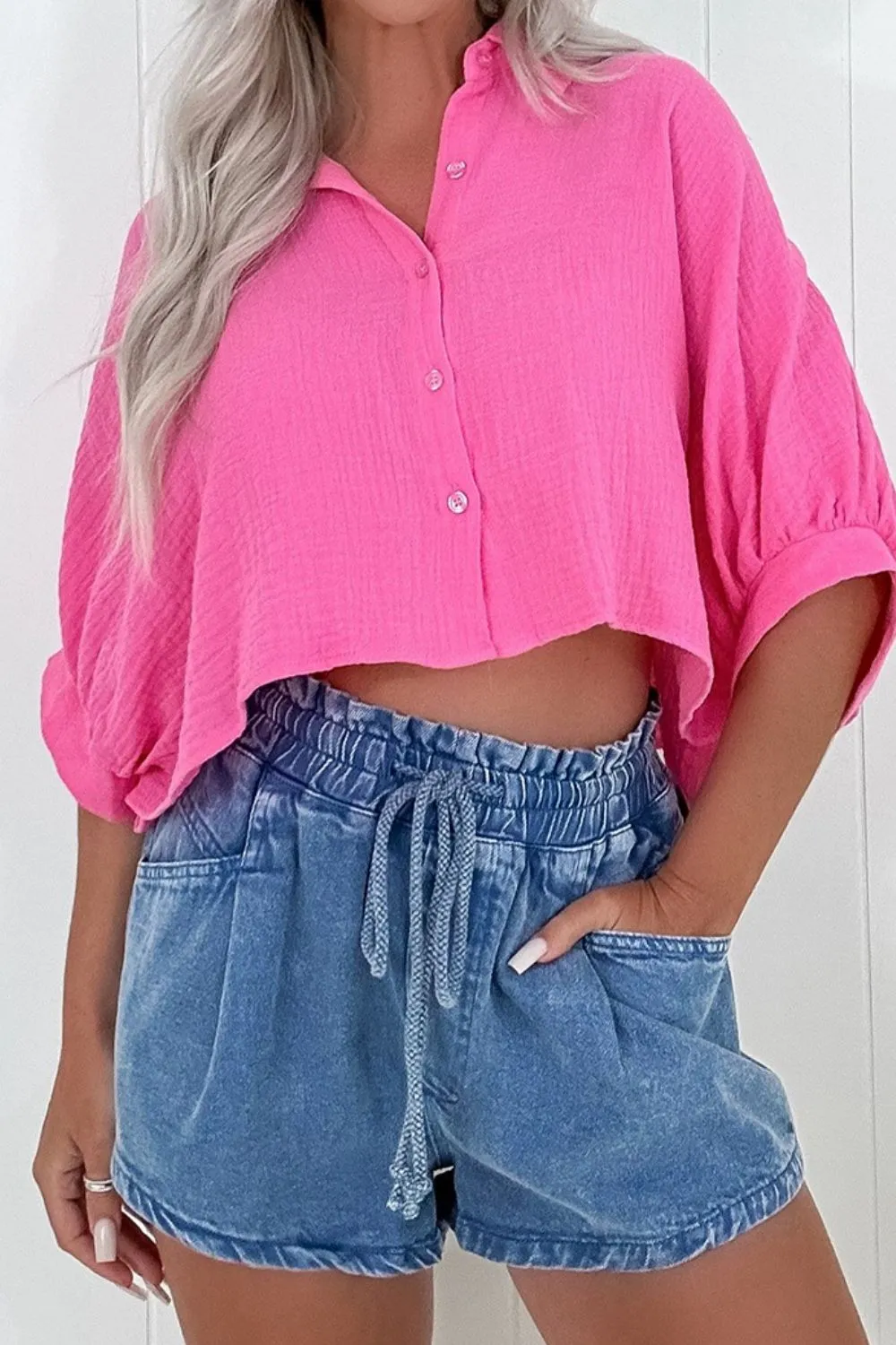 Drawstring High Waist Denim Shorts with Pockets, image 5
